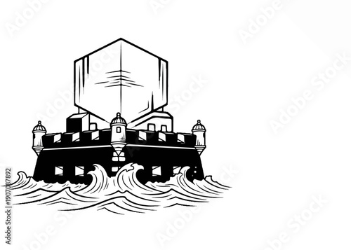 Stylized fort on waves with cubic structure above