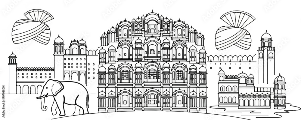 Fototapeta premium Stylized line art of an Indian cityscape with an elephant and turbans