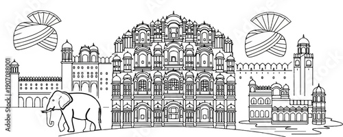Stylized line art of an Indian cityscape with an elephant and turbans