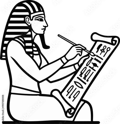 Stylized illustration of an ancient scribe writing hieroglyphs on a papyrus scroll