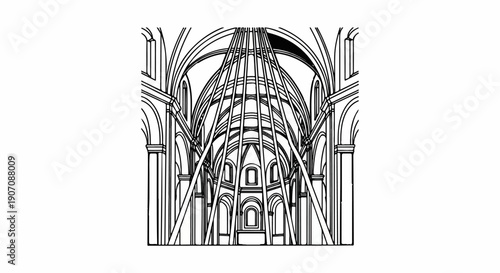 Stylized line art of Gothic cathedral interior, soaring arches, and ribbed vaulting