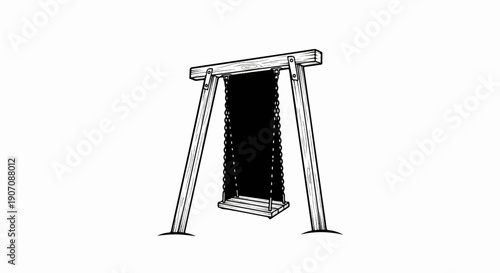 Stylized illustration of a wooden swing set with a dark seat