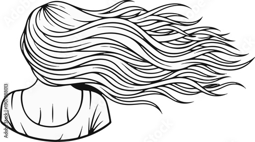 Stylized illustration of a woman's back with long, flowing hair caught in the wind