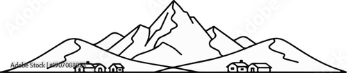 Stylized line art of mountains with small houses at their base