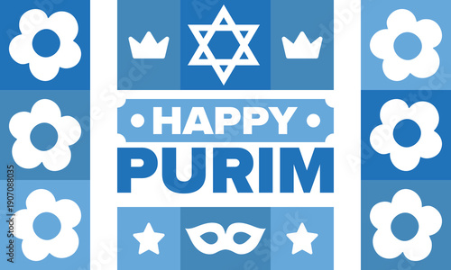 Purim. Happy Purim. Traditional Jewish religious holiday. Star of David, Carnival mask. Israel history. Сelebrated by a masquerade and festival. Poster art. Vector illustration