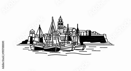 Stylized line art of sailboats docked near a fortified coastal town