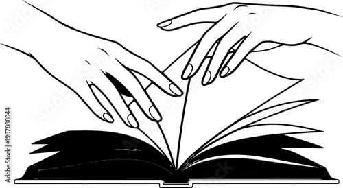 Stylized line art of two hands with manicured nails turning pages of an open book