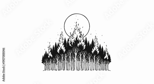 Stylized forest fire under a circular sun or moon