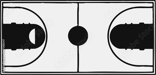 Stylized graphic depiction of a sports court with center circle