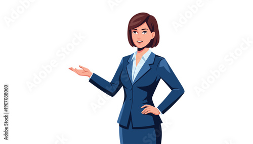 Cartoon Style Businesswoman Character in Suit with Presentation Gesture Illustration