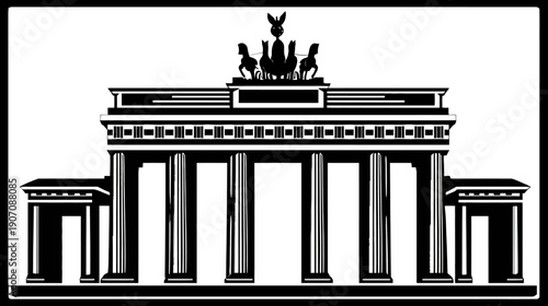 A black and white illustration of a monumental structure with columns, archways, and a chariot