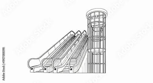 Stylized illustration of escalators and a cylindrical elevator tower