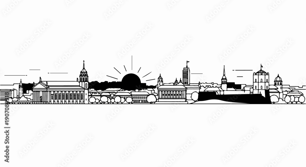 Fototapeta premium Stylized line drawing of a city skyline with a rising sun