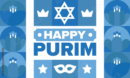 Purim. Happy Purim. Traditional Jewish religious holiday. Star of David, Carnival mask. Israel history. Сelebrated by a masquerade and festival. Poster art. Vector illustration