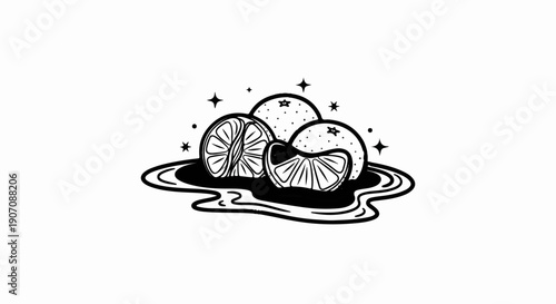 Stylized graphic of oranges with stars and a wavy liquid base