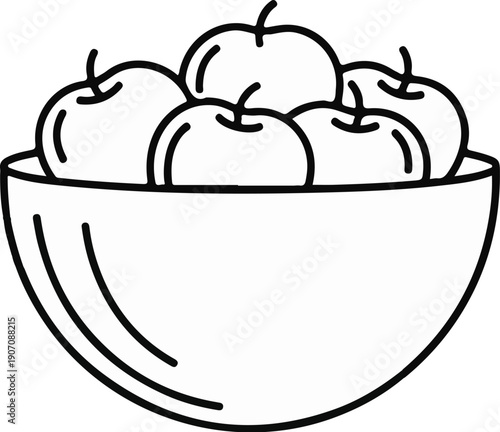 Stylized line drawing of a bowl overflowing with apples