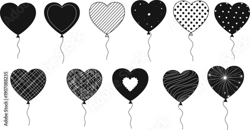 Heart shaped balloons in various black and white patterns stripes