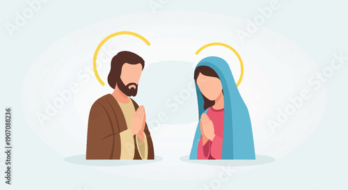 Stylized illustration of religious figures praying with halos