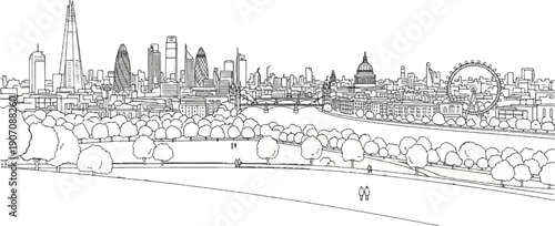 Stylized line drawing of a city skyline with a river and park in the foreground