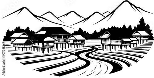 Stylized illustration of stilted houses amid rice paddies with mountains beyond