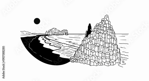 Stylized coastal scene with black sand beach, rock formations, and a moon