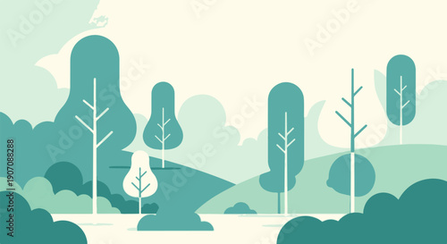 Stylized green forest with abstract trees, hills, and clouds