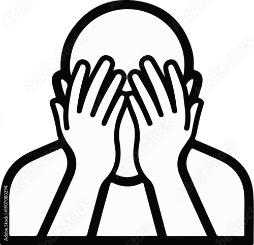 Stylized figure covering face with hands, head bald, simple outlines