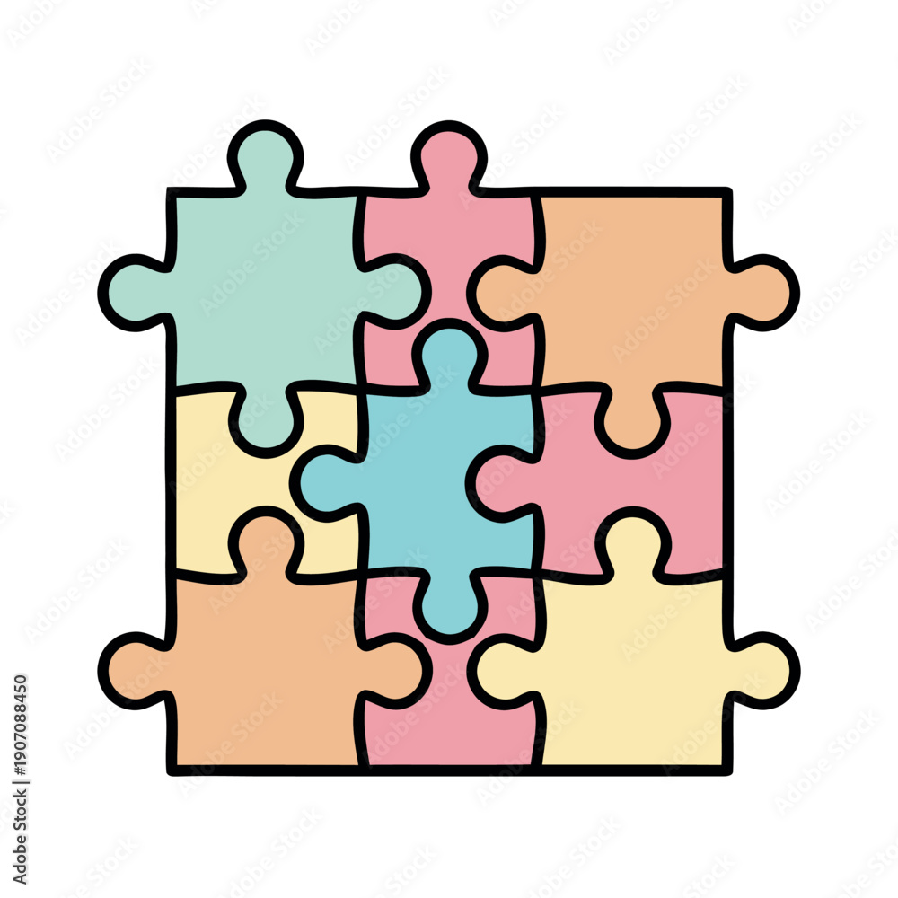 Fototapeta premium Nine-piece square jigsaw puzzle in soft pastel colors, flat vector illustration representing teamwork, organization, and creative solutions.