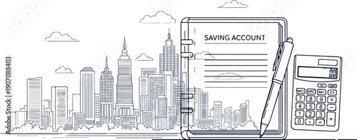 Stylized city skyline with a notebook, pen, and calculator
