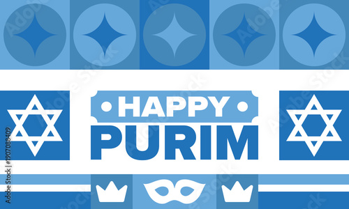 Purim. Happy Purim. Traditional Jewish religious holiday. Star of David, Carnival mask. Israel history. Сelebrated by a masquerade and festival. Poster art. Vector illustration
