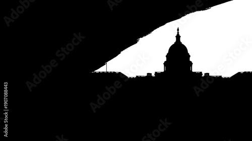 Silhouette of a building with a large dome against a white background. Black shapes