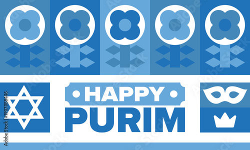Purim. Happy Purim. Traditional Jewish religious holiday. Star of David, Carnival mask. Israel history. Сelebrated by a masquerade and festival. Poster art. Vector illustration