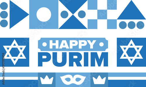 Purim. Happy Purim. Traditional Jewish religious holiday. Star of David, Carnival mask. Israel history. Сelebrated by a masquerade and festival. Poster art. Vector illustration