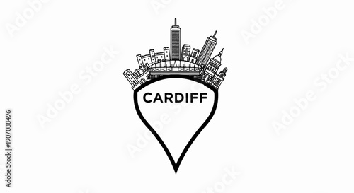 Stylized black and white sketch of a city skyline inside a location pin