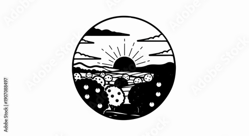 Stylized circular scene of a sun rising over rolling hills and fruit trees