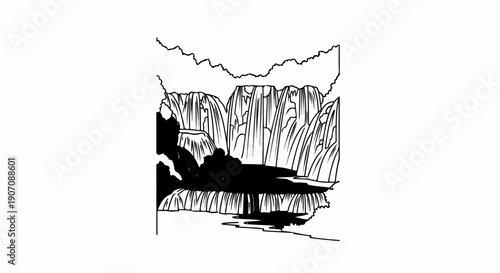 Stylized black and white sketch of cascading waterfalls with a dark foreground pool