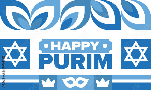 Purim. Happy Purim. Traditional Jewish religious holiday. Star of David, Carnival mask. Israel history. Сelebrated by a masquerade and festival. Poster art. Vector illustration