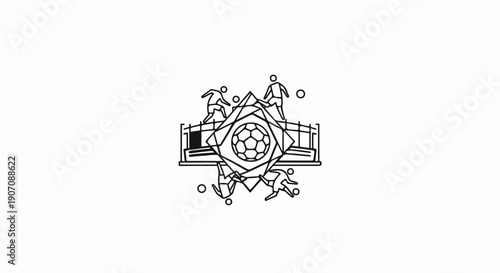 Stylized emblem depicts soccer players in action around a ball and stadium
