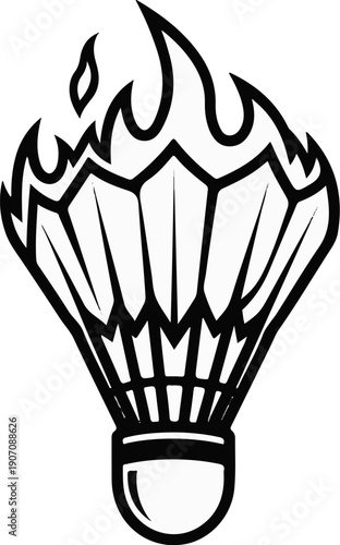 Stylized black and white illustration of a shuttlecock engulfed in flames