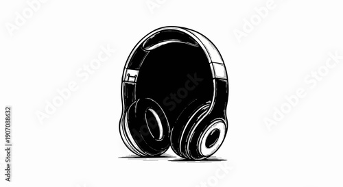 Stylized black and white sketch of modern over-ear headphones