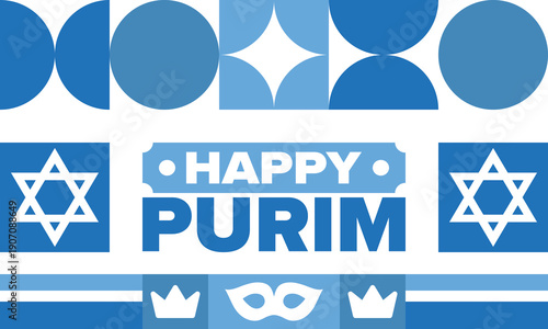 Purim. Happy Purim. Traditional Jewish religious holiday. Star of David, Carnival mask. Israel history. Сelebrated by a masquerade and festival. Poster art. Vector illustration