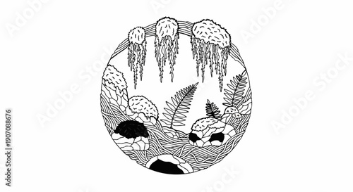Stylized cave with hanging moss and ferns, black and white illustration