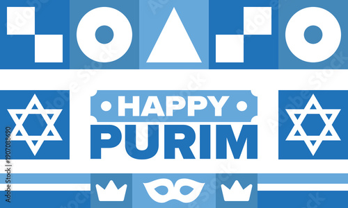 Purim. Happy Purim. Traditional Jewish religious holiday. Star of David, Carnival mask. Israel history. Сelebrated by a masquerade and festival. Poster art. Vector illustration