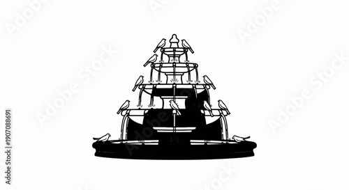 Stylized black and white illustration of a tiered fountain with birds perched on it