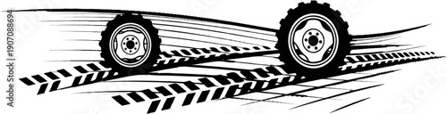 Stylized illustration of two tires leaving tire tracks, motion lines