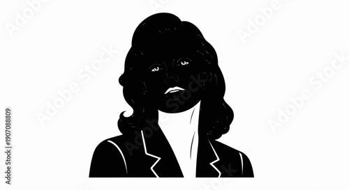 Stylized black and white illustration of a woman with bold hair and a suit