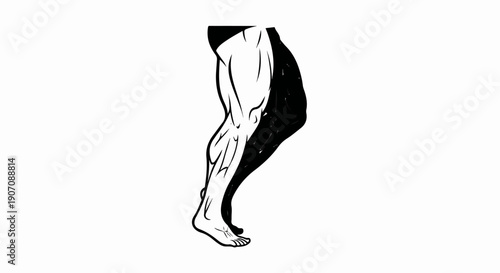 Stylized black and white drawing of a muscular human leg in motion