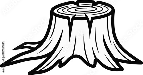 Stylized black and white drawing of a tree stump with visible rings and roots