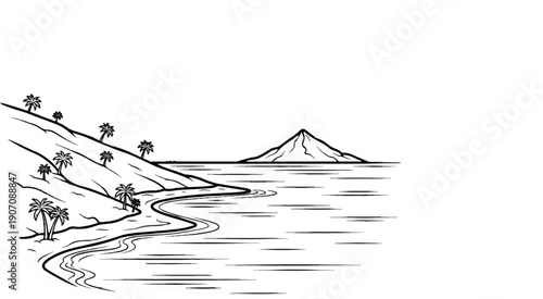 Stylized black and white drawing of a tropical coastline with a mountain island