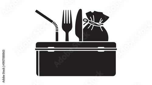 Minimal Zero Waste Kit With Tin Container, Reusable Straw, Fork And Cloth Bag Silhouettes, Black Solid Vector Set For Sustainable Lifestyle And Waste Reduction